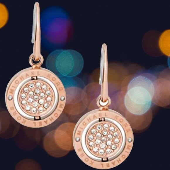 MK Monogram Rose Gold Drop Earrings Reversible Disk Crystals - Picture 1 of 6